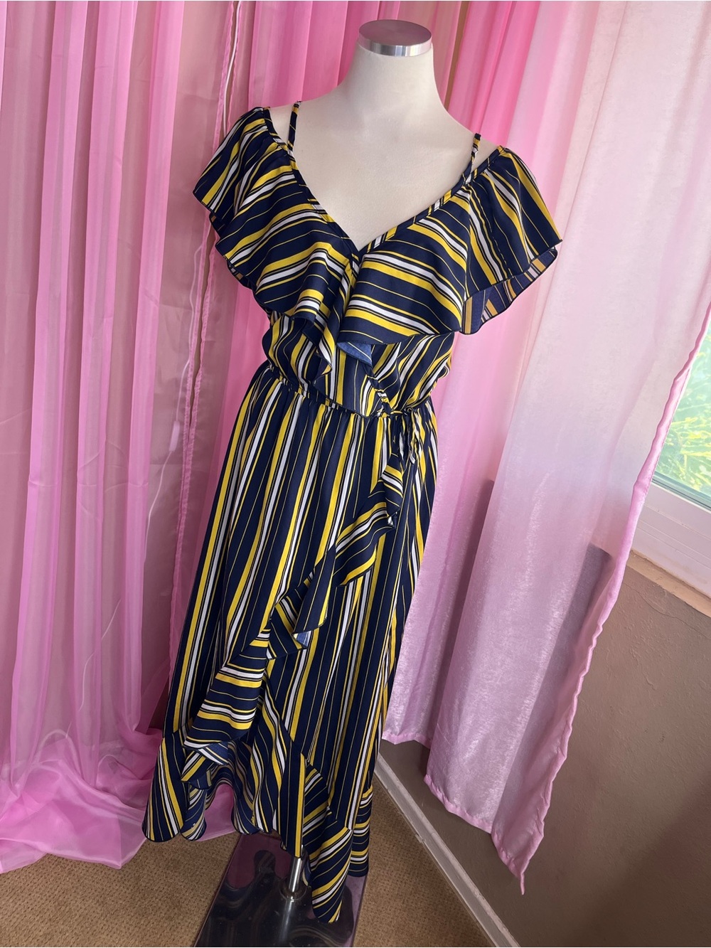 Lush Navy and Yellow Striped Ruffle Wrap Midi Dress